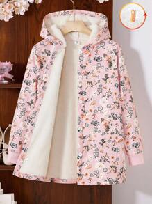 SHEIN Vintaside Kids Tween Girl Hooded Thickened Plush Vintage Floral Mid-Length Warm Jacket, Autumn/Winter,Holiday,Summer,Travel Girls Floral Coat Hooded Coat Girls Girls Winter Coat Fall - Multicolor - View 3