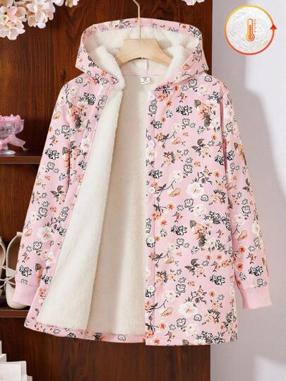 SHEIN Vintaside Kids Tween Girl Hooded Thickened Plush Vintage Floral Mid-Length Warm Jacket,Autumn/Winter Cute Date Holiday Travel Girls Winter Coat Fall Floral Coat