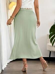 Firerie Plus Size Women Green Satin Mermaid Skirt, Romantic Fitted Back To School Fall