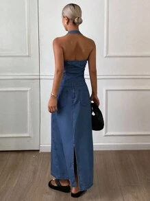 DAZY Conjunto de chaleco de escote en V y falda de mezclilla estilo occidental para mujer, para verano - Azul lavado oscuro - Ver 2