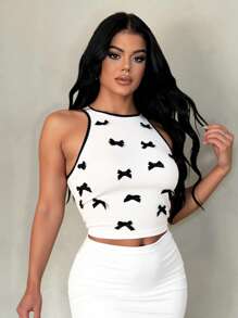 SHEIN SXY 优雅、性感、浪漫约会/休闲白色罗纹针织撞色蝴蝶结装饰无袖短款背心，适合女士，春夏季 - 白色 - 查看 1