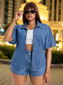 Slaydiva 大码女式无弹力牛仔上衣，泡泡袖设计，收腰修身，秋季畅销款短袖衬衫，浅蓝色，尽显秋日复古优雅气质。 - 淺色水洗藍 - 查看 4