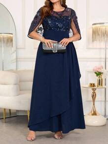 Ellevyn 大码女式优雅亮片刺绣连衣裙，适合派对和聚会，秋季万圣节万圣节服装万圣节服装女装万圣节服装女装万圣节大码万圣节服装万圣节万圣节派对服装大码女装外出服装秋季服装女式长裙女式连衣裙，婚礼宾客礼服女式 - 藏蓝色 - 查看 4