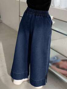 Dazy Kids سروال جينز غير رسمي للفتيات بخصر مرن وجيب وشق جانبي من لون سادة - أزرق داكن - مشاهدة 5