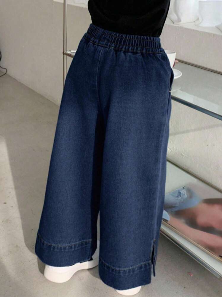 Dazy Kids Young Girl Plain Color Side Slit Elastic Waist Pocket Casual Jeans - Dark Wash - View 5