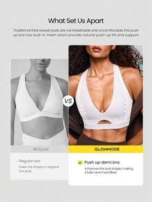 GLOWMODE Sujetador deportivo FeatherFit™-Sculpt con poder de levantamiento, suave y elástico, con copas extraíbles, tirantes de malla, escote en V profundo, para alto impacto, correr, trotar, entrenar, gimnasio, estudio y uso diario activo - Blanco - Ver 2