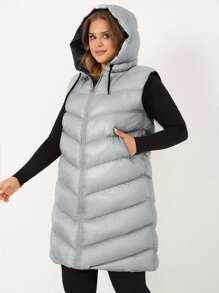 RueChic Plus Zip Up Drawstring Hooded Puffer Vest Coat - Light Grey - View 5