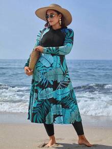 Swim Mulvari 2 件大码女式随机印花拼接长款躯干端庄布基尼泳衣套装