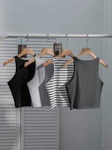 SHEIN EZwear 4 chiếc áo hai dây nữ kiểu dáng thường ngày kẻ sọc đen trắng, ôm sát, gợi cảm, thích hợp cho mùa hè. - Nhiều màu - Xem 2