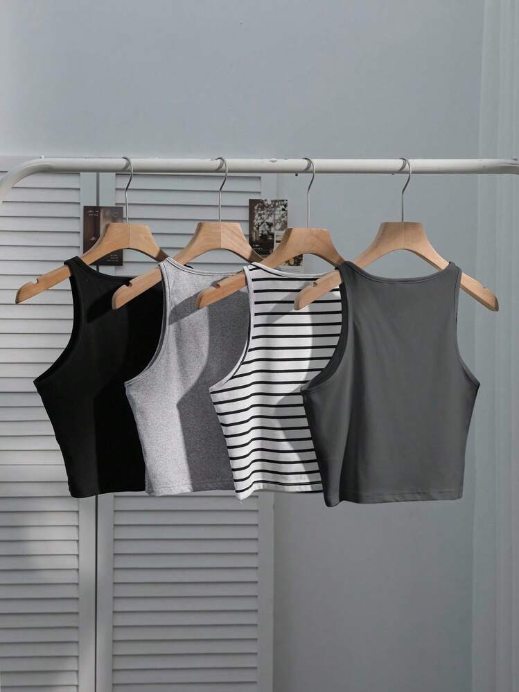 SHEIN EZwear 4件套女士休闲黑白条纹性感修身吊带背心，夏季 - 彩色 - 查看 2