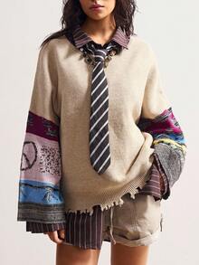 Bohemela 女式拼布印花圆领长袖毛衣 - 杏色 - 查看 1