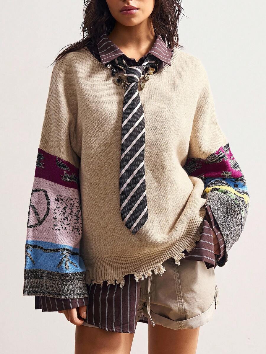 Bohemela 女式拼布印花圆领长袖毛衣 - 杏色 - 查看 1