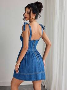 Elenzga 女士休闲褶皱牛仔吊带连衣裙，夏季 - 深色水洗藍 - 查看 2