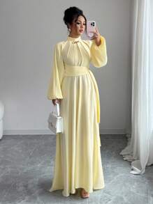 Selianne 女士优雅休闲中长连衣裙，法式浪漫西西里风格，纯色柔和黄色，立领，褶袖，腰带，松紧后腰，仿金属装饰，适合通勤、度假、下午茶、派对 - 淡黃色 - 查看 4