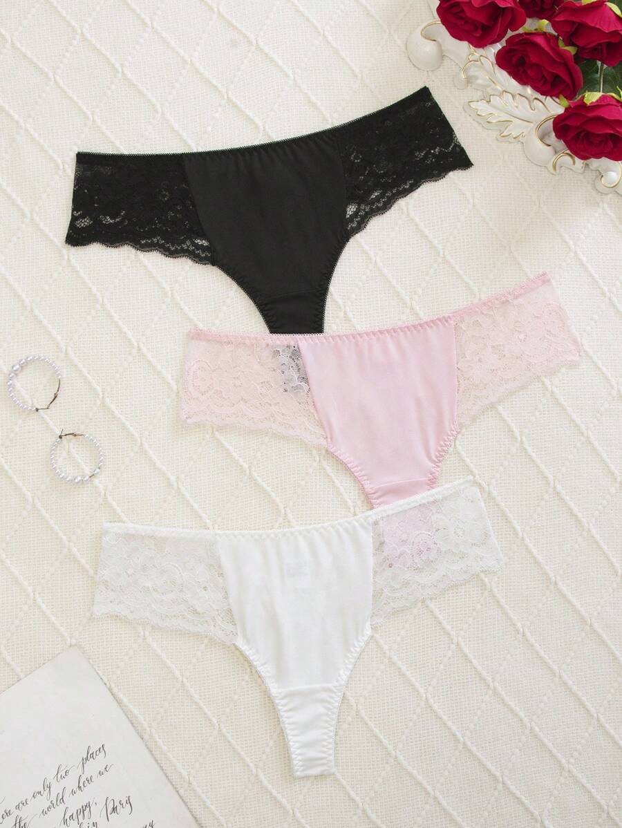 SHEIN Bộ 3 quần lót ren vá thanh lịch và trưởng thành dành cho nữ - Nhiều màu - Xem 1