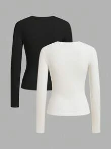 SHEIN EZwear 2 件女士休闲圆领修身长袖 T 恤套装，罗纹面料，百搭，适合秋冬季