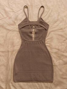 Soleia 金属海星装饰意大利面表带领带镂空合身女式针织连衣裙，适合度假、音乐节、波西米亚、假日、约会、下午茶、海滩 - 棕色 - 查看 2