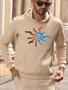 Manfinity NXTstreet 男士休闲针织太阳图案水印花连帽衫，适合日常穿着 男士连帽衫 图案男士连帽衫 套头衫 男士连帽衫 太阳图案连帽衫，Emo 风格，2000 年代风格，适合秋冬 - 卡其色 - 查看 8