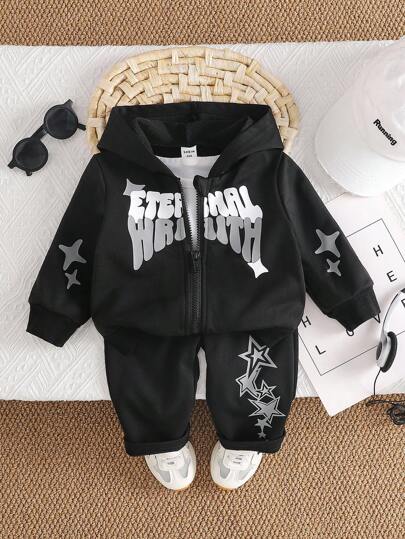 SHEIN Playful Pals 2pcs Baby Boys Hooded Zip-Up Jacket + Pants Set, Letter & Star Print, Streetwear Casual Sports Outfit, Suitable For Autumn/Winter Daily Wear Baby Boy Sweatsuit Baby Boy Clothes Black Baby Boy Zipper Suit Fall