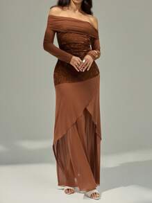 Modelyn 女士纯色刺绣露肩优雅中长连衣裙，时尚、休闲、优雅的女士秋季连衣裙，适合派对、生日和晚会，万圣节服装，以及适合妈妈的连衣裙。时尚、优雅的女士亮片印花植绒面料和弹力面料连衣裙。 - 棕色 - 查看 9