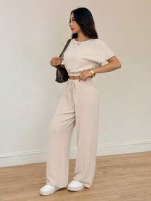 SHEIN PETITE Batwing Sleeve Crop Top & Drawstring Waist Pants Textured Fabric Two Pieces Two Pieces Set Beige Two Pieces Set Casual Two Pieces Set Comfortable Two Pieces Set Tall Two Pieces Set Two Pieces Pants Set Women Two Pieces Set - Apricot - View 4