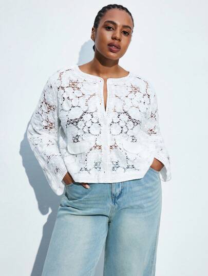 Maija Plus Size Women's White New Simple Elegant Round Neck Front Button Hollow 3D Lace Fabric Stylish Sexy Casual Daily Hawaiian Beach Vacation Loose Cropped Long Sleeve Cardigan Knit Top Fall Autumn Back To School Homecoming Modest Vintage Women Old Money Teacher Romantic, Fashion, Versatile; Comfortable, Stylish, Elegant, Casual, Simple Daily Wear, Essential, Solid Color, Holiday Casual, Decent, Single Lady, Elegant Fashion Business Casual Woman Going Out Tops Graduation Teacher Going Out Tops Women Business Casual Woman Winter