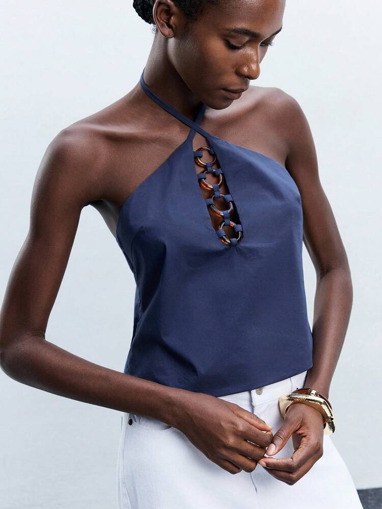 SHEIN Maija 2025 Winter Navy Blue Amber Acrylic Round Ring Design Halter Tie Bow Top, Elegant Urban Commute Everyday Romantic Casual 90s Christmas New Year, Thanksgiving Party, Beach Graduation Fashion, Suitable For Wedding Guest, Host, Date, Party, Concert, Brunch, Airport, Multi-Occasion