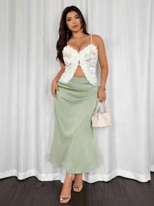 Firerie Plus Size Women Green Satin Mermaid Skirt, Romantic Fitted Back To School Fall