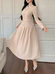 DAZY 女士秋季拼布荷叶边领灯笼袖长裙长袖连衣裙 - 杏色 - 查看 3