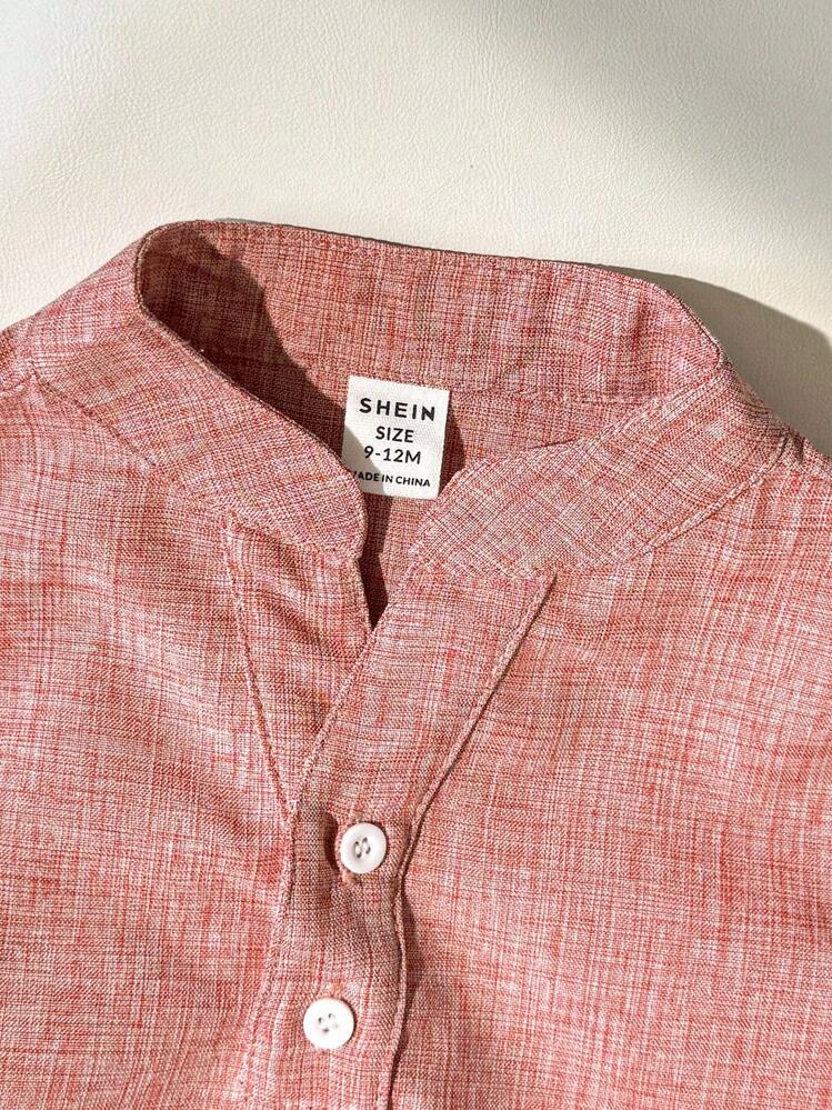 SHEIN LMoss Kids 2pcs Baby Boy Summer Cute Casual Stand Collar Pink Short Sleeve Shirt & Striped Elastic Waist Shorts Set, Suitable For Birthday Party, Evening Party, Performance, Wedding, Baby Shower, 1st Birthday Celebration Baby Boy Summer Outfit Baby Boy Summer Clothes Baby Boy Linen Set Baby Boy Clothes Boy Summer Set - Multicolor - View 6