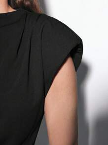 Maija 2025 加大码女式纯色中式立领褶皱不对称下摆垫肩无袖上衣，职业通勤装 - 黑色 - 查看 7