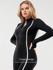 GLOWMODE Bộ jumpsuit dài tay 24" FeatherFit™-Air Bold Glow, chất liệu mềm mại, thoáng khí, thấm hút mồ hôi, khóa kéo phía trước, eo kiểu corset, sọc tương phản, lỗ xỏ ngón tay cái, lưng chữ V sâu, mút ngực có thể tháo rời, thích hợp cho hoạt động thể thao hàng ngày nhẹ nhàng, mùa xuân hè. - màu đen - Xem 6