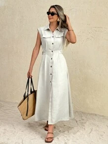 SHEIN Frenchy Women's Solid Color Single-Breasted Capped Sleeve Casual Midi Shirt Dress All Outfits For Women,Back To School ,  Teacher Outfits For Women  , Wedding Guest Dress Elegant  ,Business Casual Woman  Fall Clothes For Women  ,Work/Office Dresses  ,Button Up Dresses   Women  , Summer - Apricot - View 5