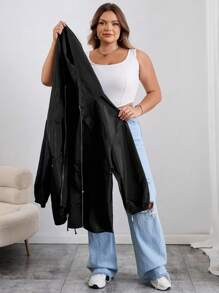 SHEIN CURVE+ Curves Plus Size/Chool Clothes/Back To School Clothes /Back To SchoolPlus Size Women's Autumn Zip-Up Drawstring Waist Hooded Black Jacket Plus Size Jacket Plus Size Plus Size Shirts 8xl Women Clothes Plus Size Black Jacket,Fall Clothes For Womenfall Clothes For Women,Winter,CURVE PLUS