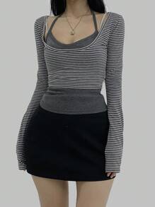 DAZY Gestreiftes kurzes Langarm-T-Shirt mit Trägerhals und schulterfreiem engen Träger-Top, Herbst