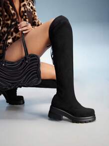 CUCCOO GRLICON Women's Round Toe Platform Thick Sole Black Suede Slip-On Boots, Fashionable Minimalist Comfortable For Daily Wear And Party - Black - View 6