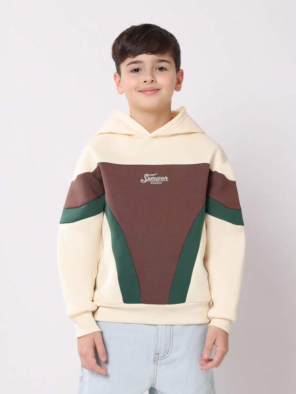 SUMWON Athletics Color Block Youth Hoodie Sweatshirt Casual Everyday School Fall Winter Pullover With Hood Comfortable Cozy Streetwear Jumper