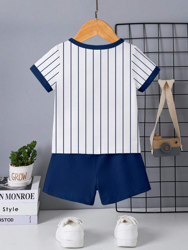 SHEIN 2pcs/Set Baby Boy Striped Number & Letter Print Short Sleeve T-Shirt And Number 23 Print Shorts Set, Sporty Style Suitable For Outings, Summer Baby Boy Baseball Outfit - Multicolor - View 2