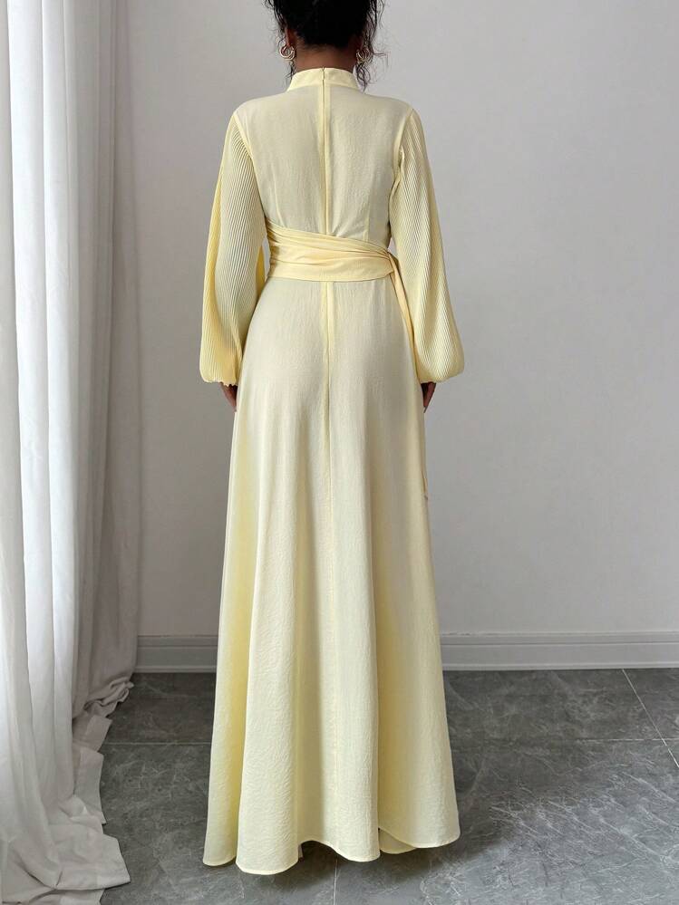 Selianne 女士优雅休闲中长连衣裙，法式浪漫西西里风格，纯色柔和黄色，立领，褶袖，腰带，松紧后腰，仿金属装饰，适合通勤、度假、下午茶、派对 - 淡黃色 - 查看 2