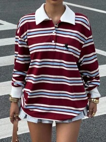 大码宽松条纹长袖休闲运动衫，返校运动服，秋冬 - 彩色 - 查看 6