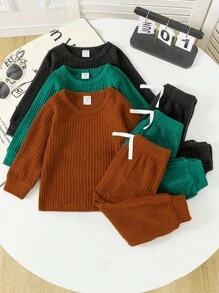 SHEIN 6pcs/Set Toddler Boys' Knitted Crew Neck Long Sleeve Sweater And Pants Set,All Shades Of Brown,Autumn,Casual,Family Matching Textured Fuzzy Outfits - Multicolor - View 3