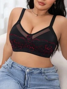 SHEIN Plus Size Floral Applique Mesh Patchwork Sexy Camisole Bra - Multicolor - View 3