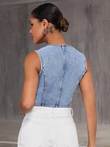 SHEIN BAE 女式简约刺绣无袖牛仔背心 - 淺色水洗藍 - 查看 2