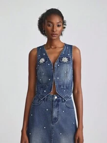 Slaydiva Women's Summer Fashion Washed Rhinestone Decor Denim Vest - Blue - View 6