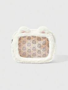 ROMWE Kawaii 粉色女士可爱毛绒刺绣兔子印花便携方形化妆包 - 白色 - 查看 1