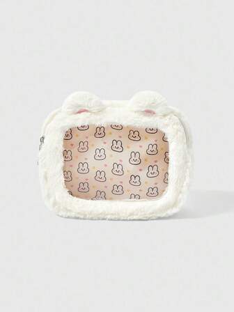 Kawaii Sac cosmétique carré portable rose mignon pour femmes avec lapin brodé en peluche