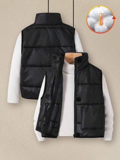 Young Girl Casual Everyday Versatile Thick Lining Thick Winter Coat, Sleeveless, Halloween Costumes, Vintage, Suitable For School, Garden, Birthday, Black, Winter Ensemble, Fall, Autumn , Winter