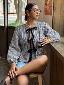 Dripcurv 大码前系带长袖简约褶皱衬衫，适合日常休闲穿着