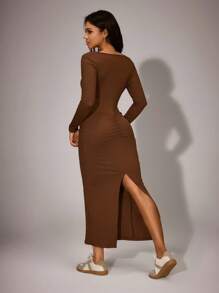 SHEIN Women's Slim Fit Long Round Neck Side Ruched Back Slit Hem Casual Dress, Fall