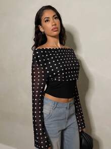 Glamine Elegant Party Off-Shoulder Polka Dot Print Women's Black Mesh Long Sleeve Undershirt, Winter - Black - View 5